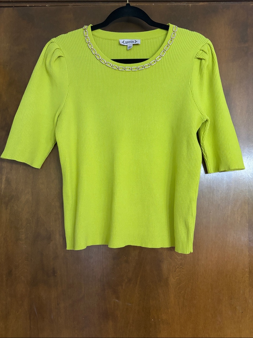 Nanette Lenore Bright Green Ribbed Short Sleeve Top with Crystal Chain Trim